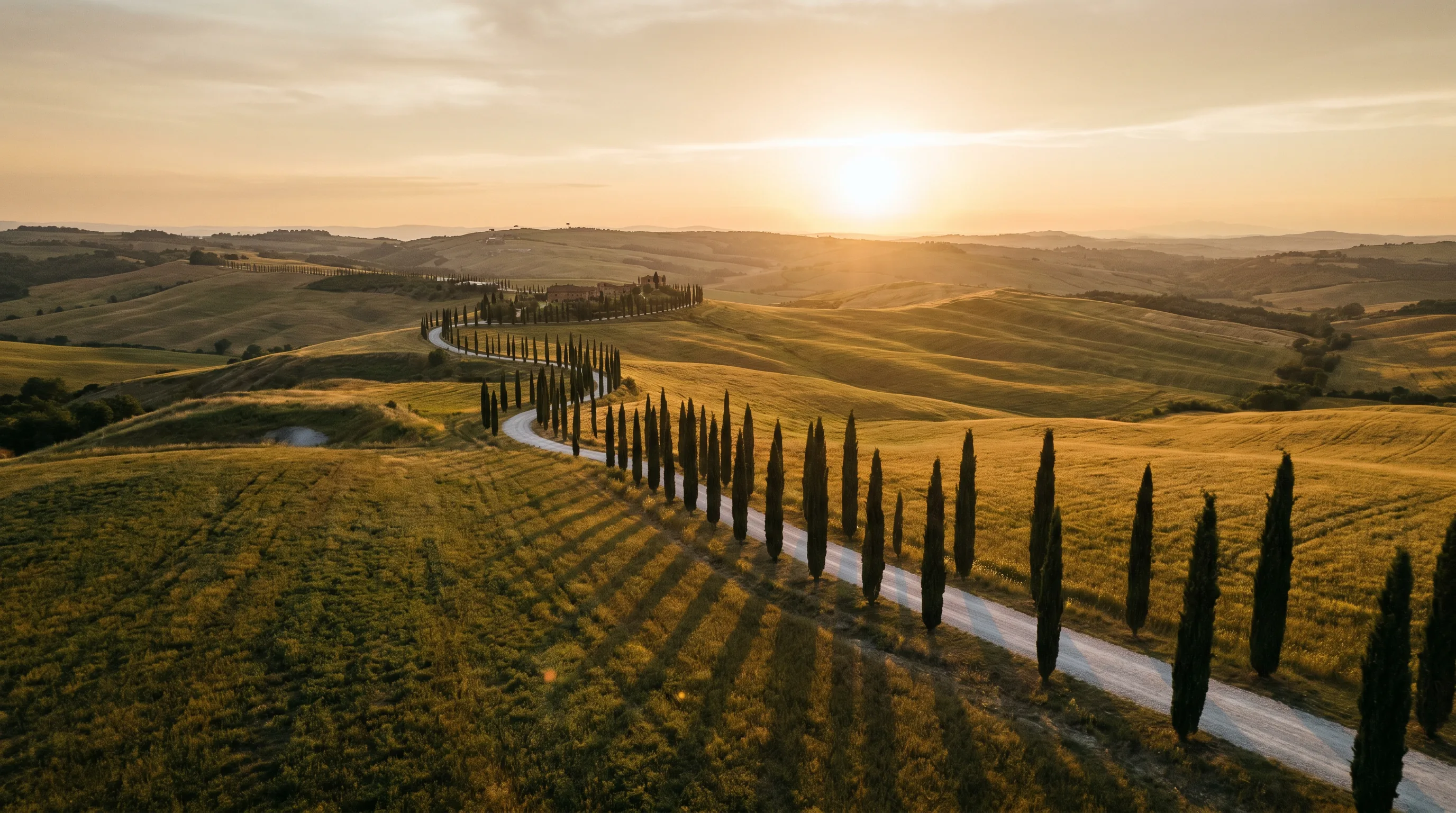 Golden Tuscan hills at sunset