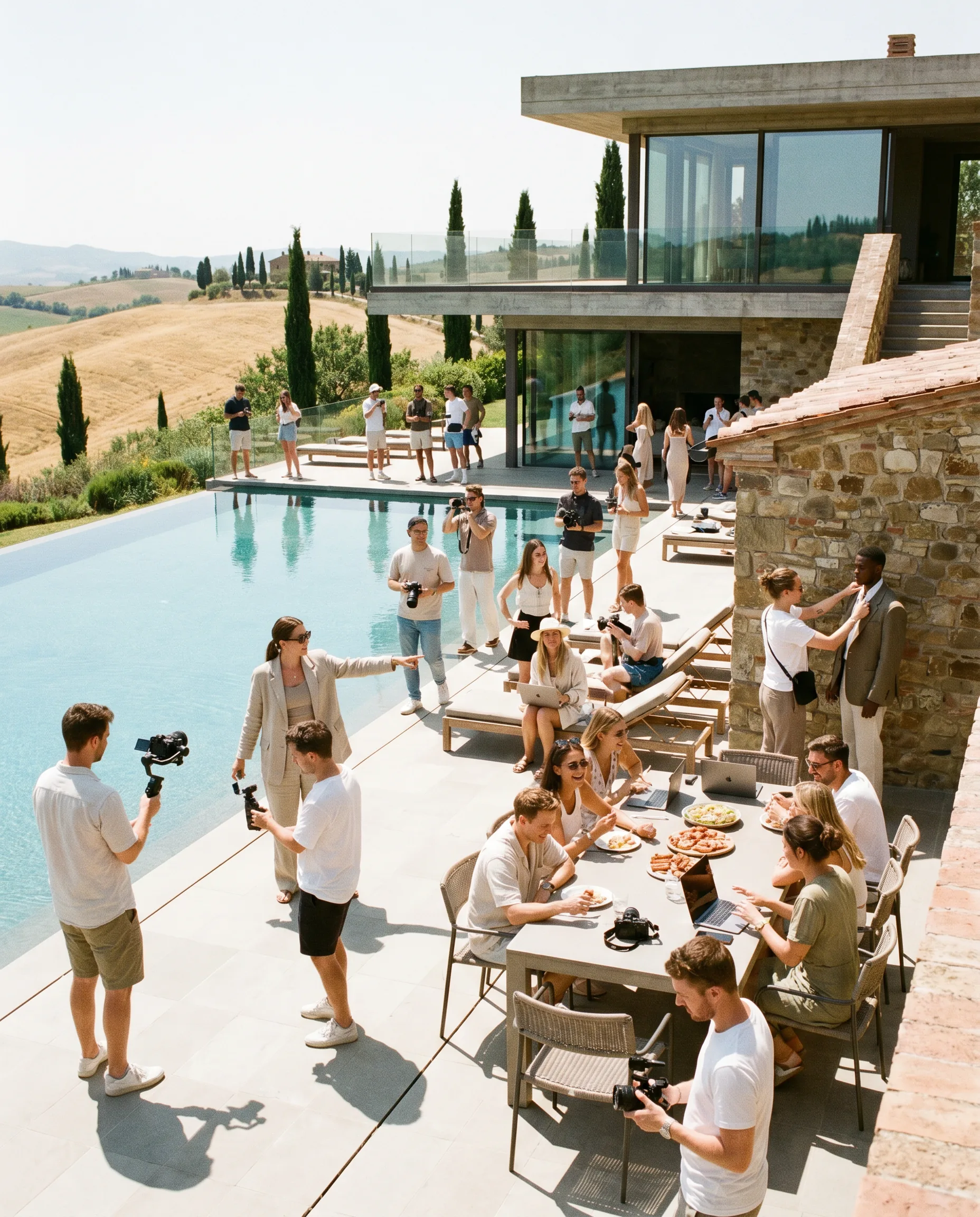 Creators filming at a modern villa with a pool in afternoon light