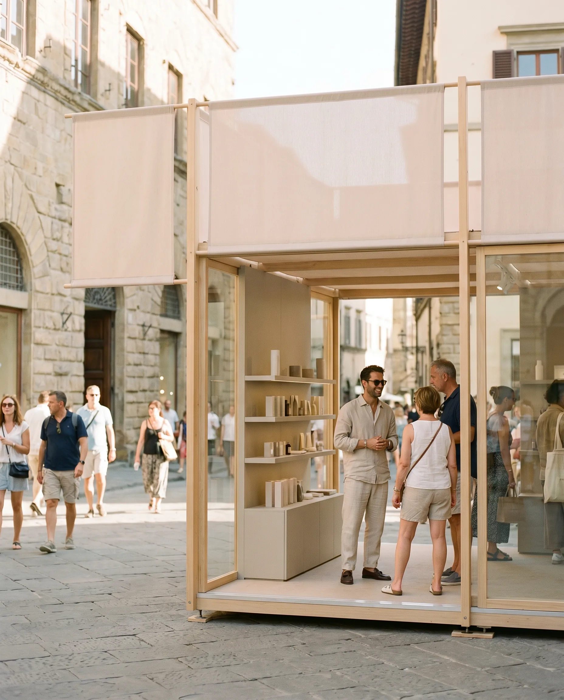 Glass pop-up space on a Florence street with walk-in visitors
