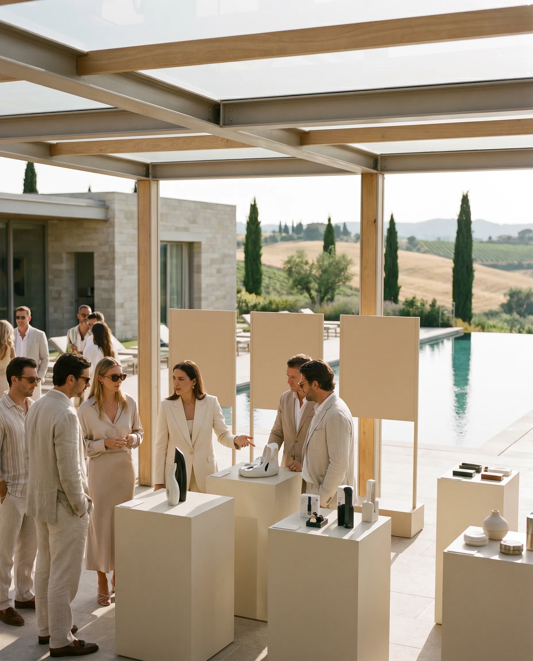 Product presentation under a modern pergola at a Tuscan villa