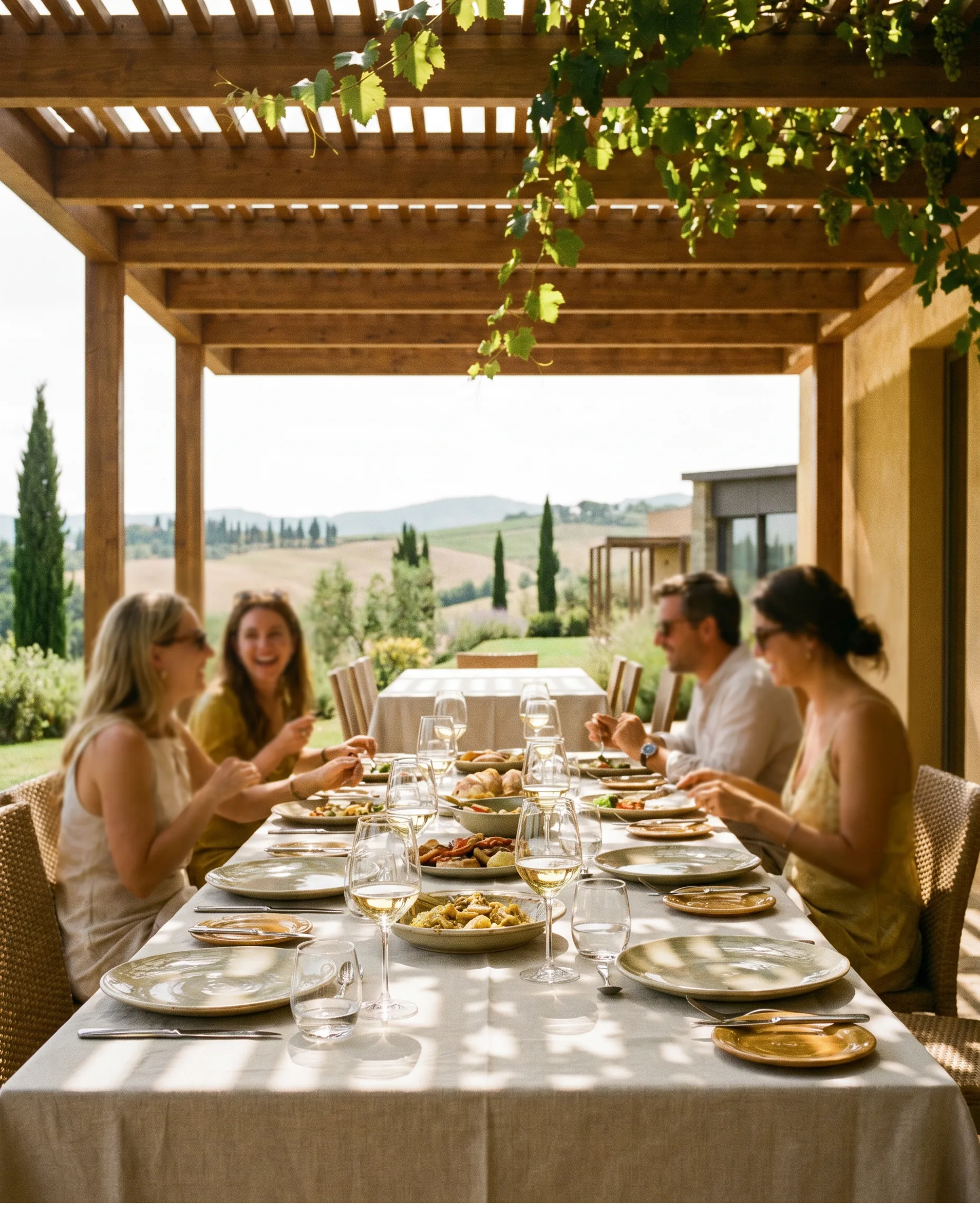 Modern pergola at a Tuscan villa set up for a brand presentation
